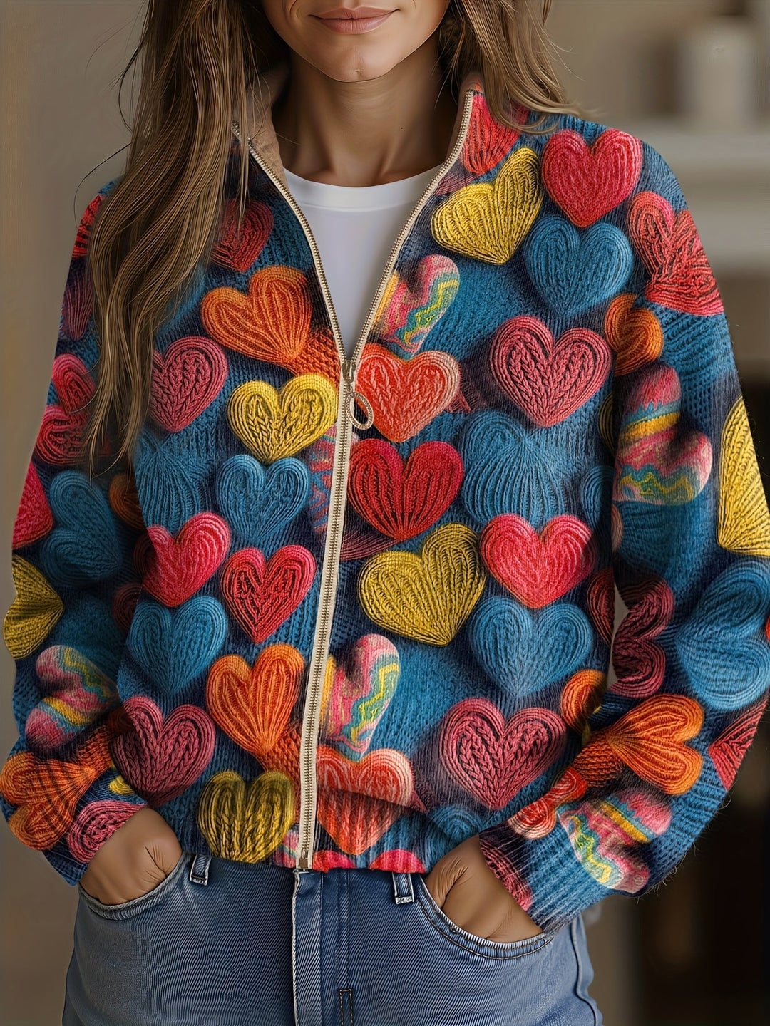 Verolyn embroidered hearts zip cardigan in teal blue