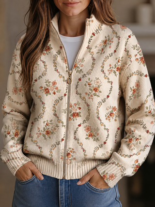 Verolyn floral vine cream zip cardigan in cream