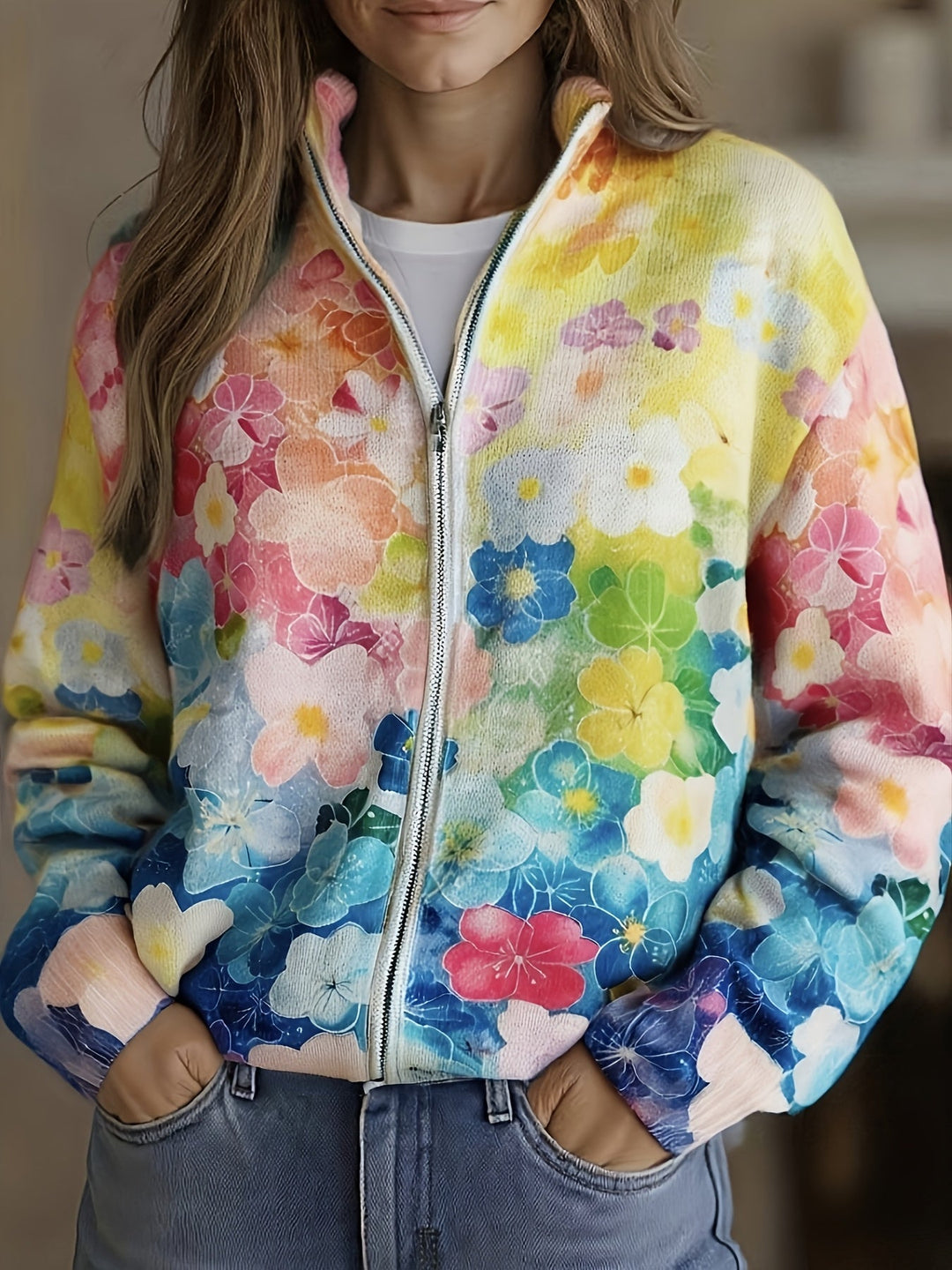 Verolyn watercolour ombre floral zip cardigan in ombre blue