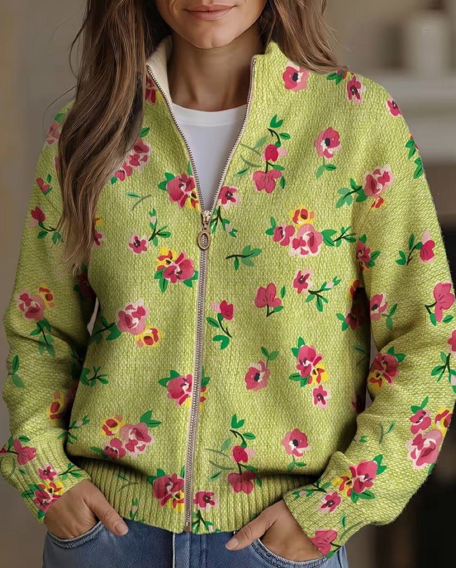 Verolyn pink floral lime zip cardigan in lime green