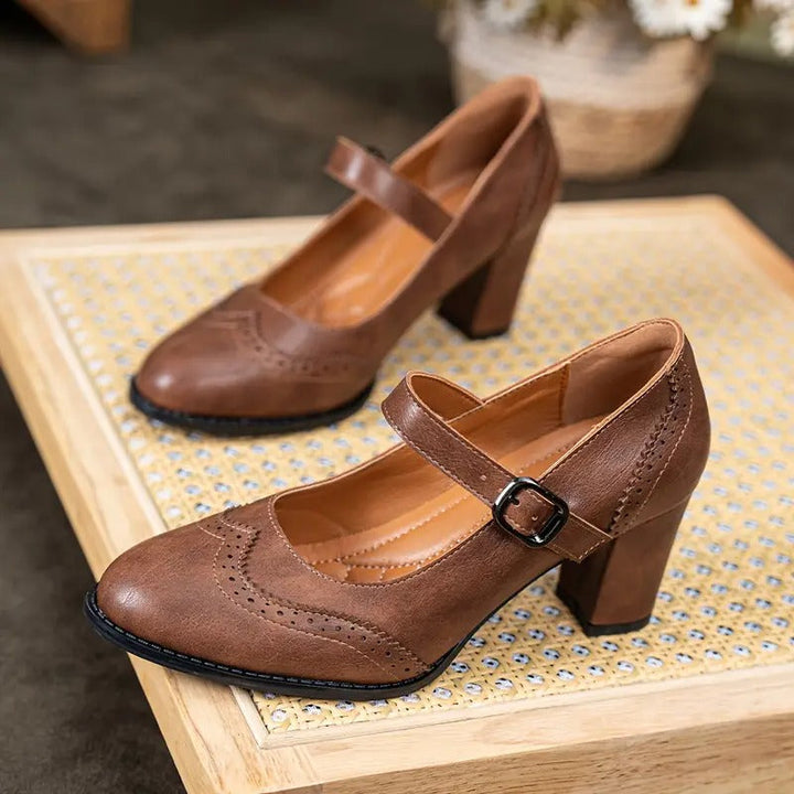 Brogue Detail Mary Jane Heels in Black — VerolynBoutique