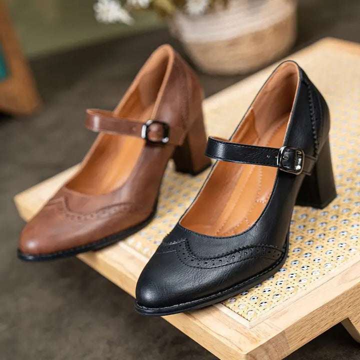 Brogue Detail Mary Jane Heels in Black — VerolynBoutique