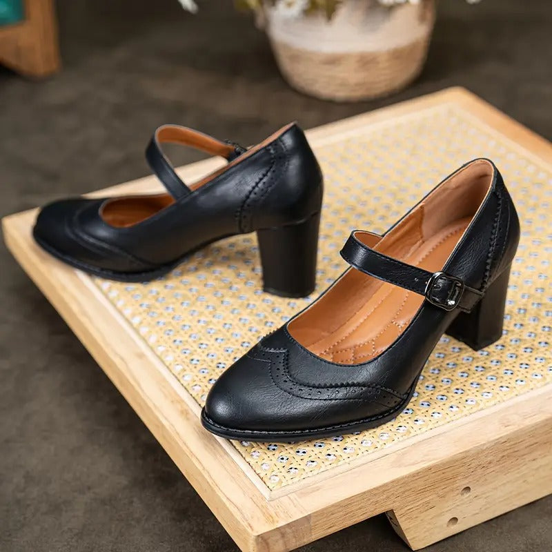 Brogue Detail Mary Jane Heels in Black — VerolynBoutique