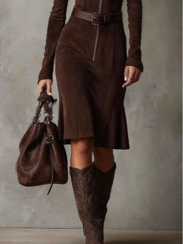 Verolyn - Belted Zip Front Midi Dress
