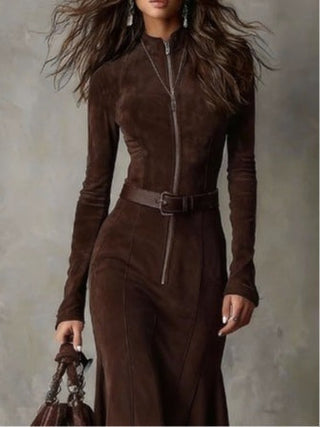 Verolyn - Belted Zip Front Midi Dress