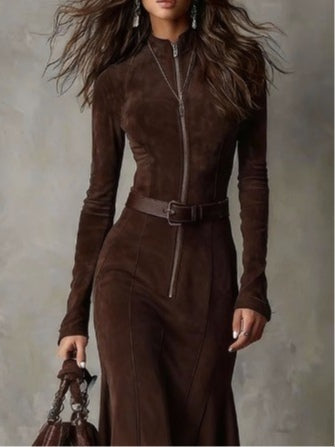 Verolyn - Belted Zip Front Midi Dress
