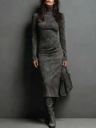 Fitted High Neck Midi Dress in Charcoal — VerolynBoutique
