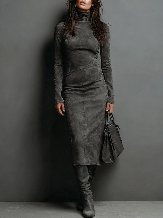 Fitted High Neck Midi Dress in Charcoal — VerolynBoutique