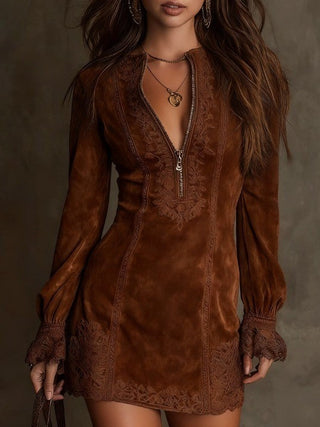 Verolyn - Suede Lace Trim Mini Dress