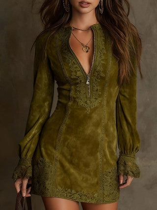 Verolyn - Suede Lace Trim Mini Dress