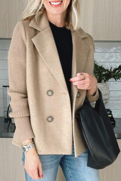 Double-Breasted Knit Sleeve Blazer in Khaki — VerolynBoutique