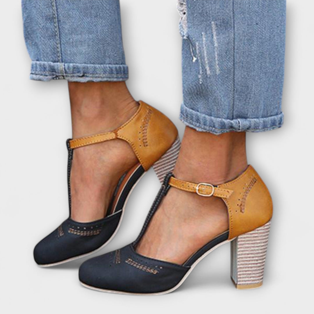 Two-Tone T-Bar Block Heels in Black — VerolynBoutique