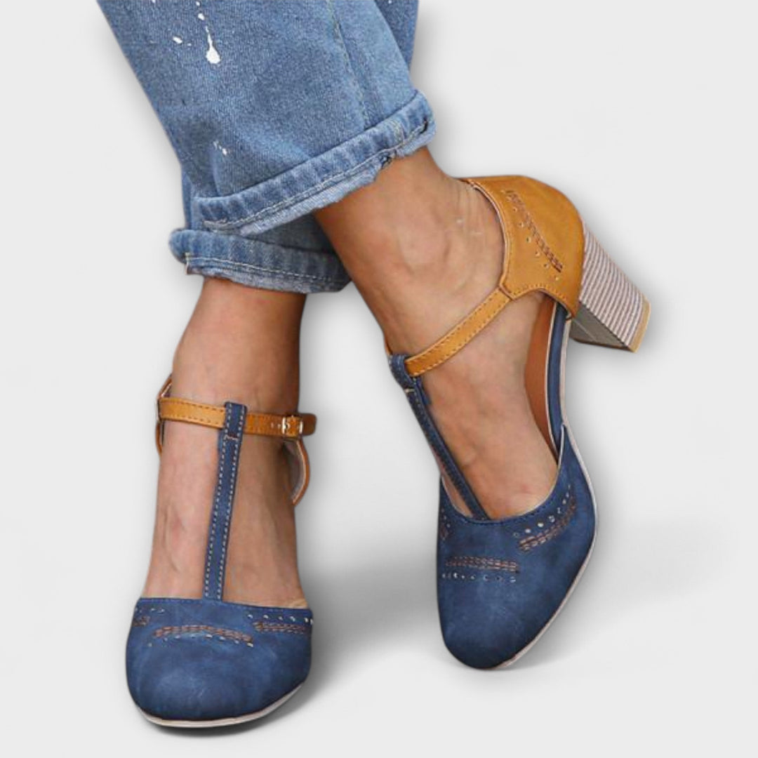 Two-Tone T-Bar Block Heels in Blue — VerolynBoutique