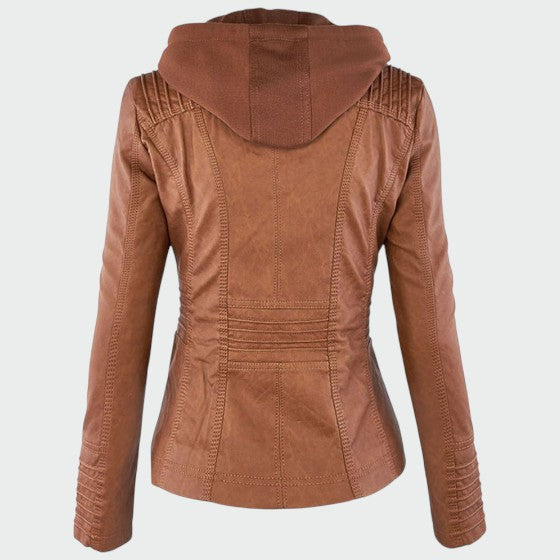 Hooded Faux Leather Biker Jacket in Khaki — VerolynBoutique