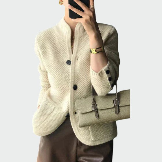 Stand Collar Textured Cardigan in White — VerolynBoutique