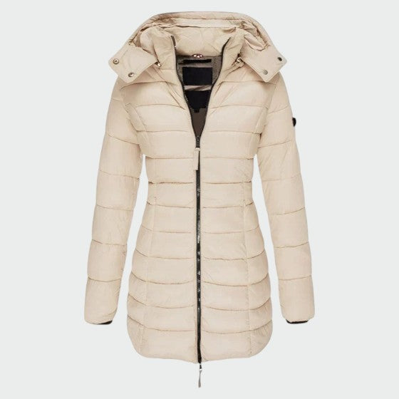 Detachable Hood Longline Puffer Coat in Beige — VerolynBoutique