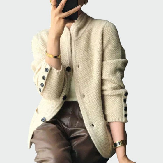 Stand Collar Textured Cardigan in Brown — VerolynBoutique