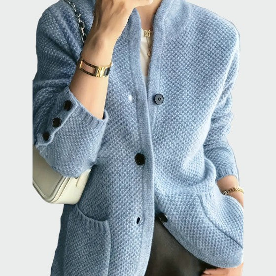 Stand Collar Textured Cardigan in Blue — VerolynBoutique