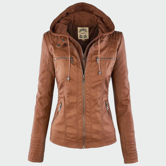 Hooded Faux Leather Biker Jacket in Khaki — VerolynBoutique