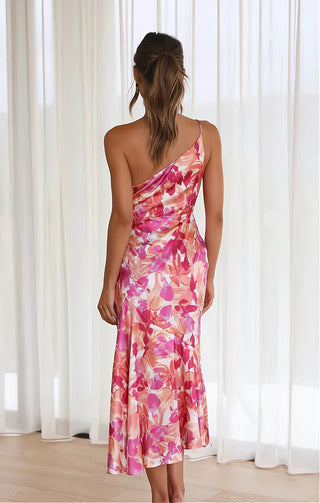 Floral One-Shoulder Satin Gown in Pink — VerolynBoutique