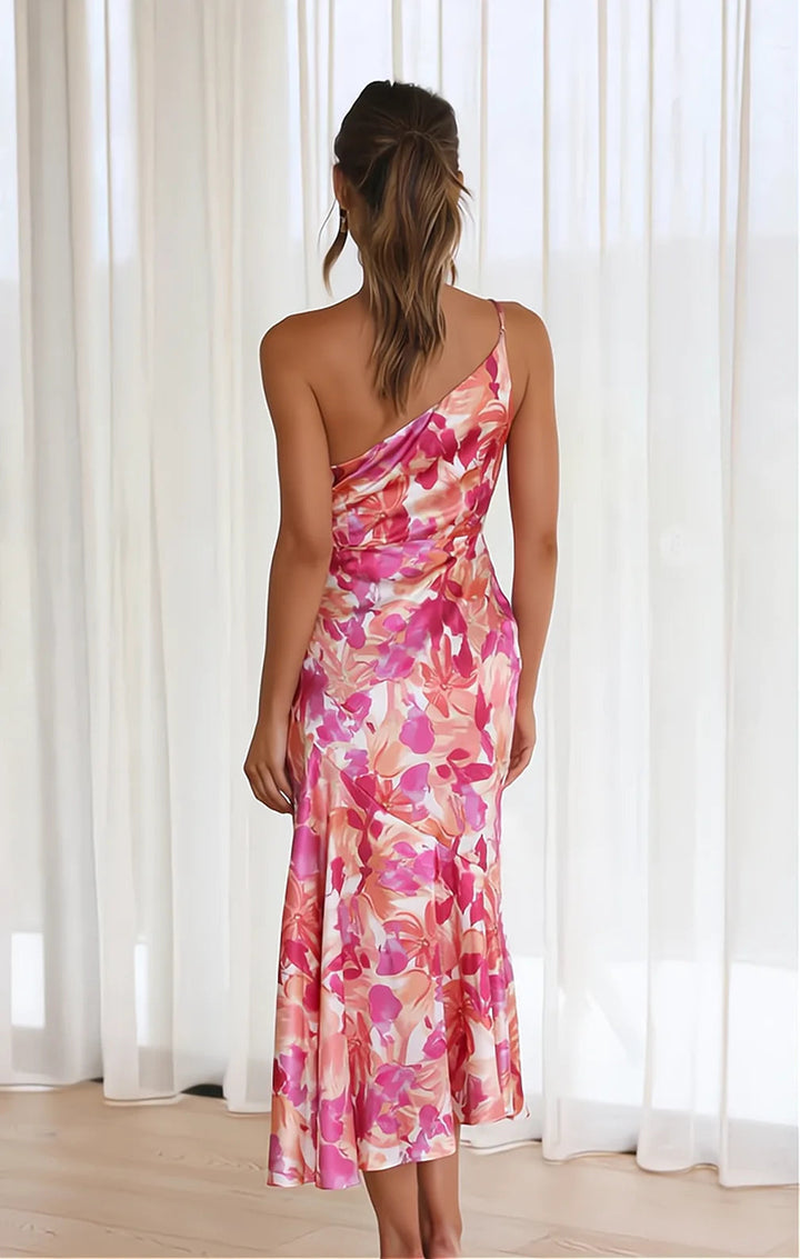 Floral One-Shoulder Satin Gown in Pink — VerolynBoutique