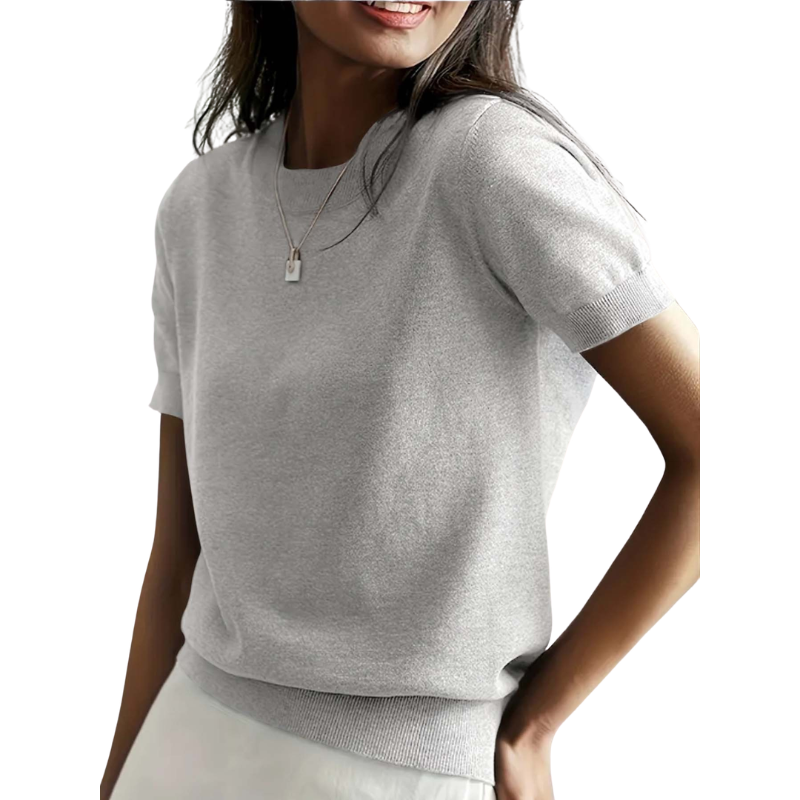 Ribbed Hem Round Neck Top in Light Grey — VerolynBoutique