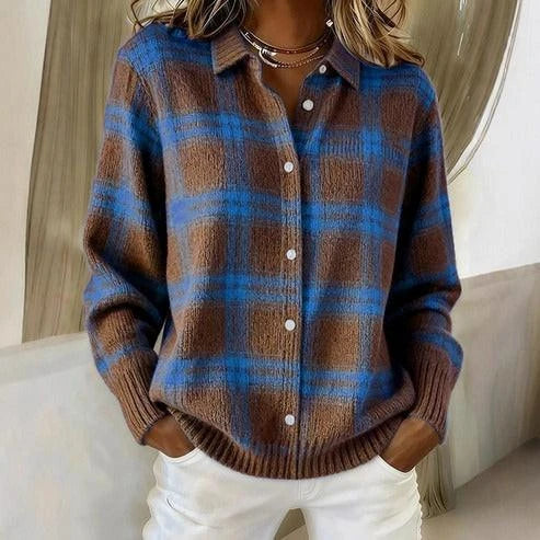 Verolyn Nancy plaid knit cardigan in chocolate brown