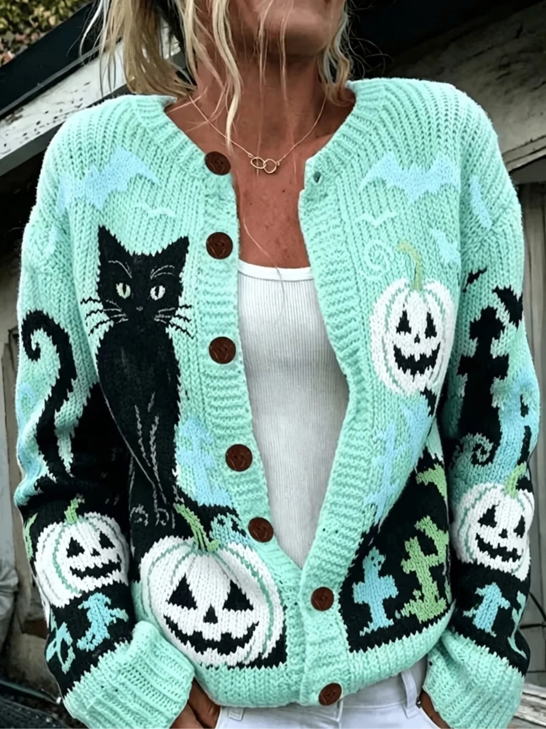 Verolyn mint black cat and graveyard halloween cardigan