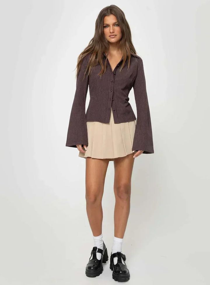Flared Sleeve Collared Button Top in Brown — VerolynBoutique