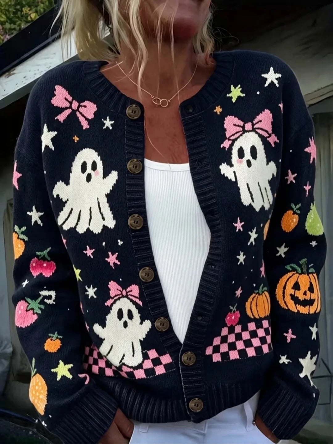 Verolyn navy bow ghost and strawberry halloween cardigan