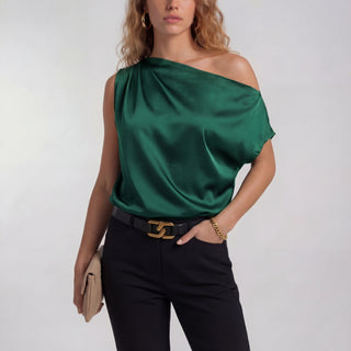 Draped One-Shoulder Blouse in Green — VerolynBoutique