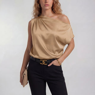 Draped One-Shoulder Blouse in Coffee Brown — VerolynBoutique