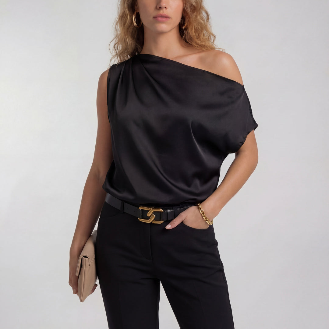 Draped One-Shoulder Blouse in Black — VerolynBoutique
