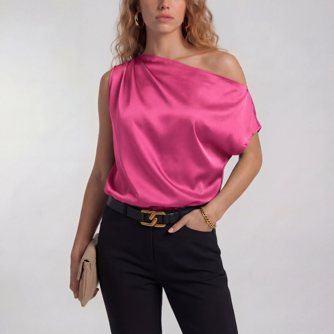 Draped One-Shoulder Blouse in Fuchsia — VerolynBoutique