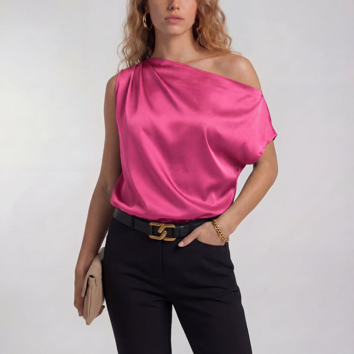 Draped One-Shoulder Blouse in Fuchsia — VerolynBoutique