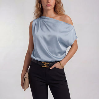 Draped One-Shoulder Blouse in Sky Blue — VerolynBoutique