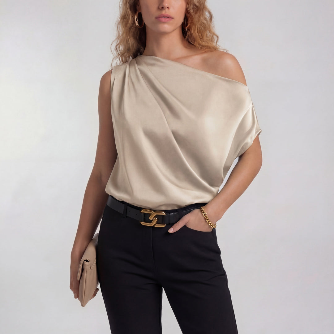 Draped One-Shoulder Blouse in Champagne — VerolynBoutique