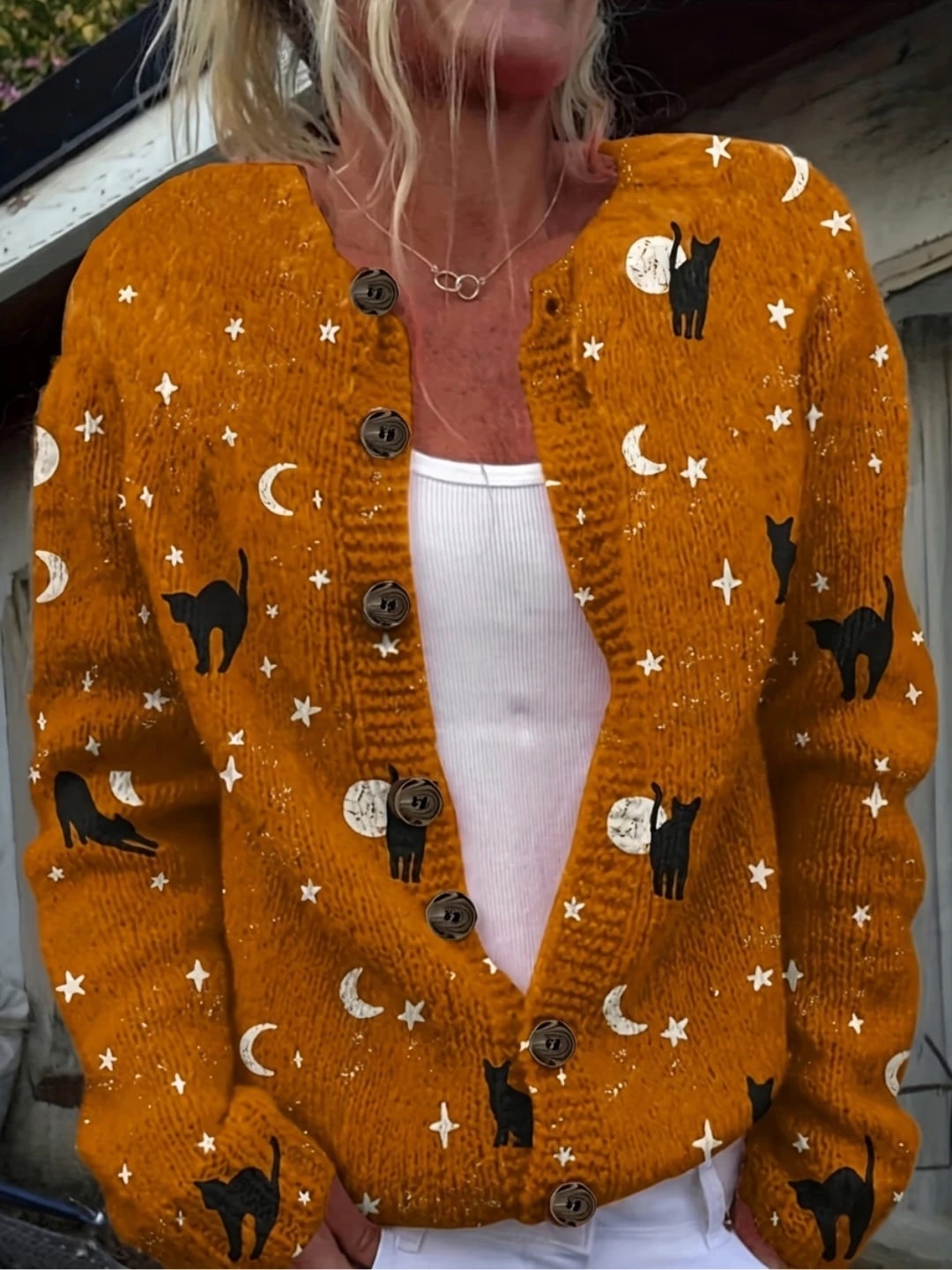 Verolyn orange black cat and moon halloween cardigan