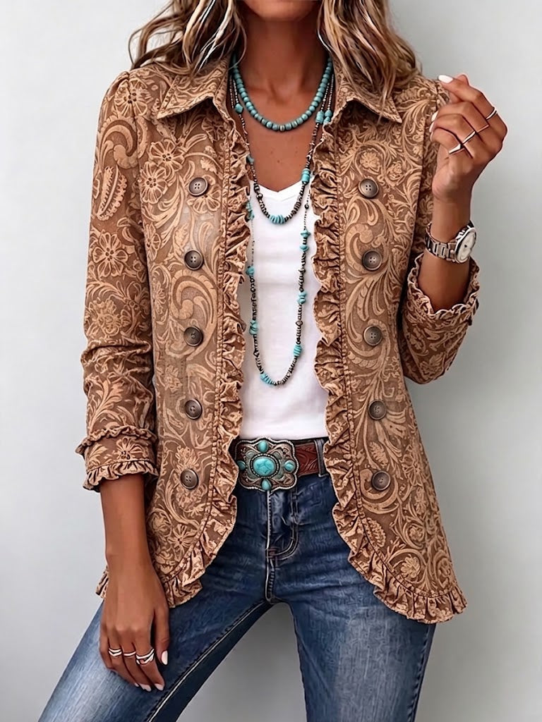 Verolyn brown vintage floral ruffle jacket in brown