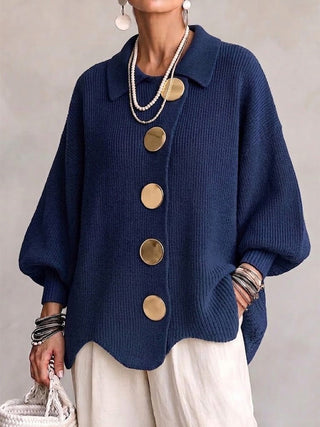 Gold Button Oversized Cardigan in Navy — VerolynBoutique