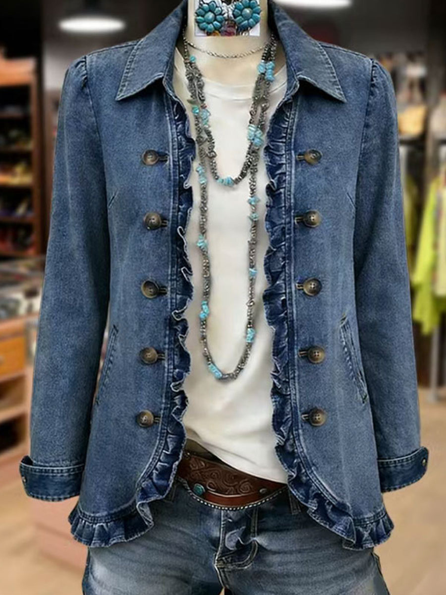 Verolyn mid blue double-breasted ruffle jacket – view 2