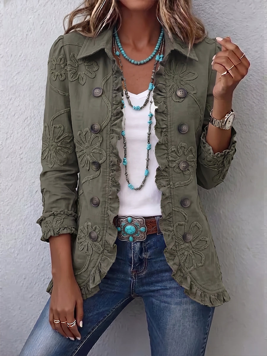 Verolyn retro green embroidered ruffle jacket in olive green