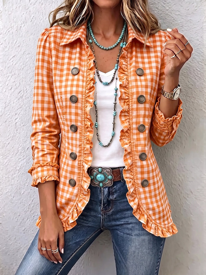 Verolyn gingham ruffle button jacket in orange