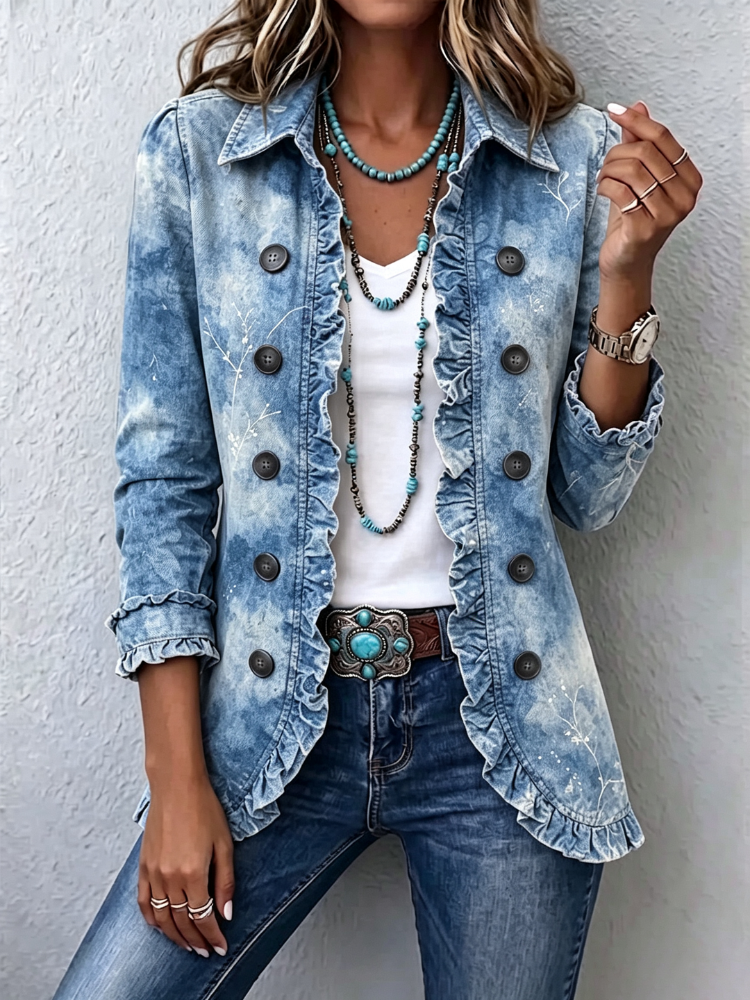 Verolyn blue botanical ruffle jacket in blue