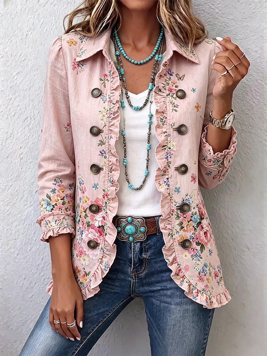 Verolyn pink floral ruffle button jacket in pink