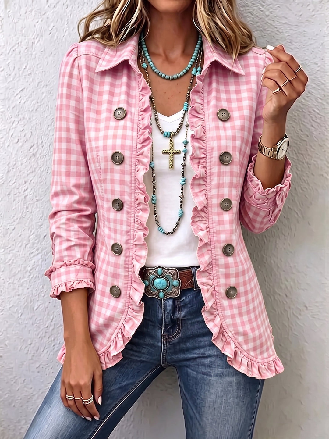 Verolyn gingham ruffle button jacket in pink