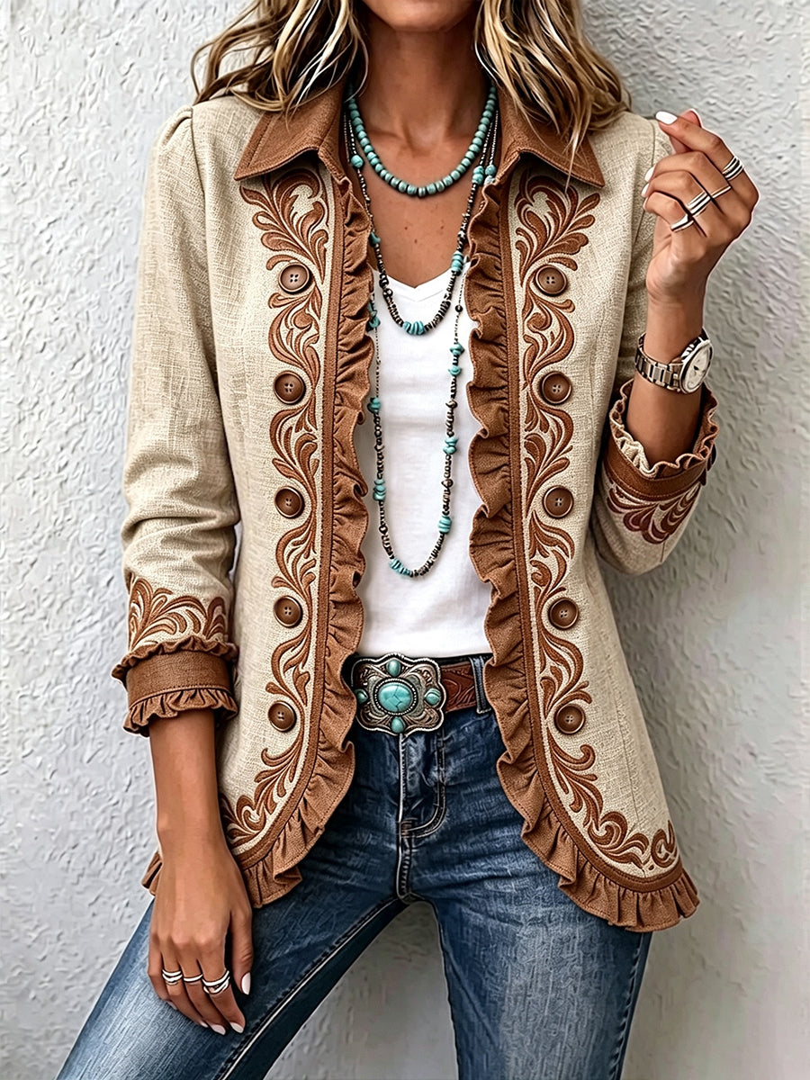 Verolyn camel vintage floral ruffle jacket in camel