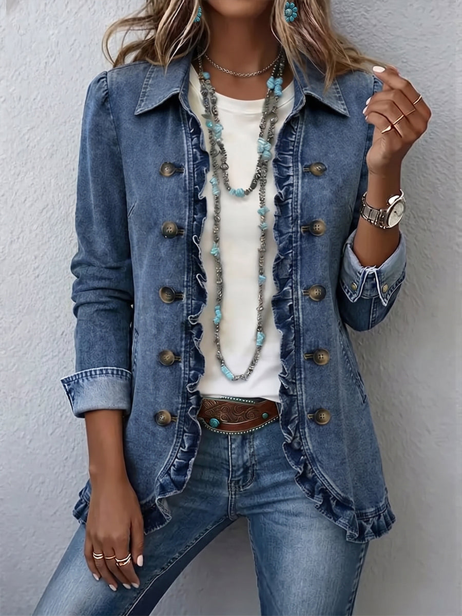 Verolyn mid blue double-breasted ruffle jacket in mid blue