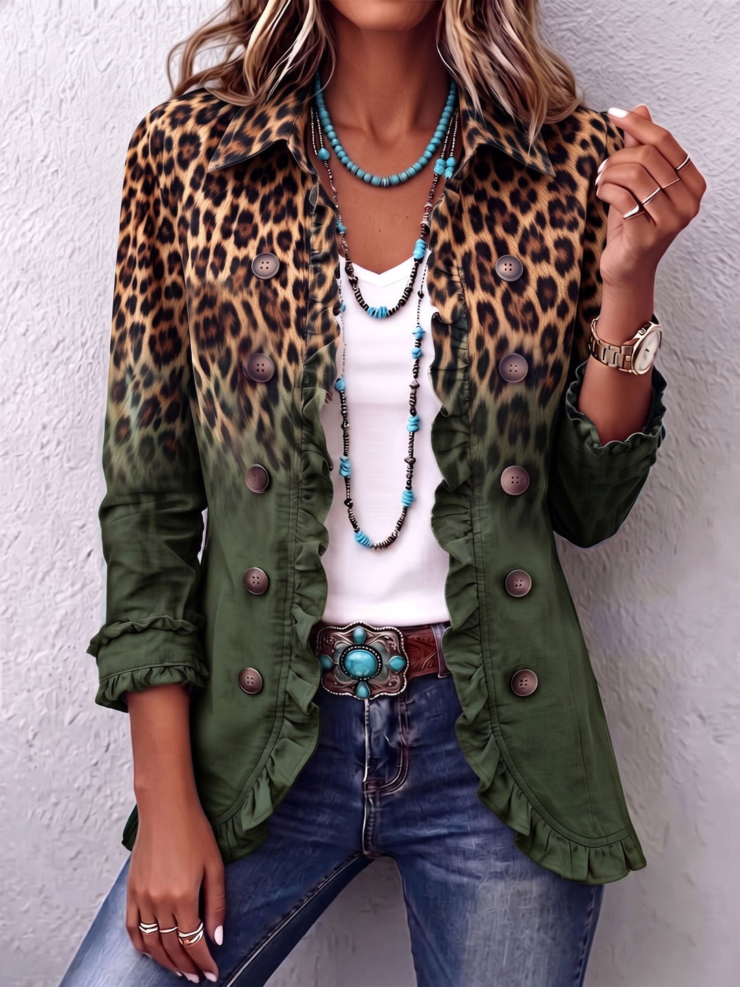 Verolyn olive ombré leopard blazer in olive green