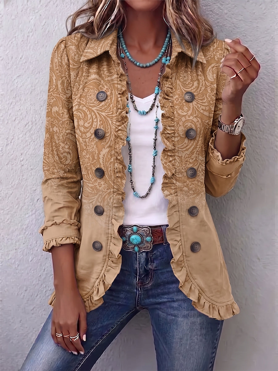 Verolyn khaki western print ruffle jacket in khaki